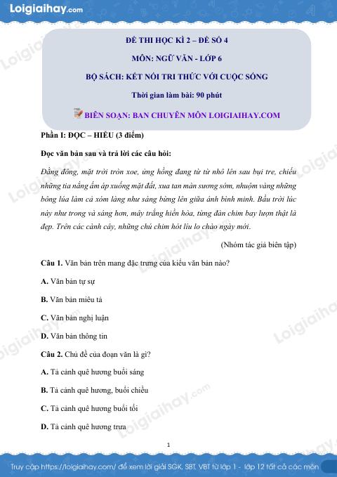 Đề thi học kì 2 Văn 6 Kết nối tri thức - Đề số 4